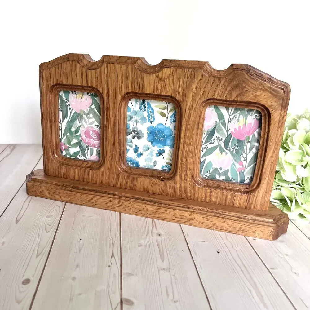 Vintage Triple-Opening Carved Oak Wood Desk Tabletop Photo Frame 2.25x3